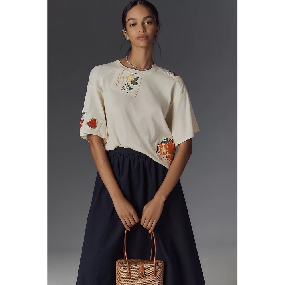 Maeve Anthropologie Fruit Embroidered Top Cream Short Sleeve Tee S